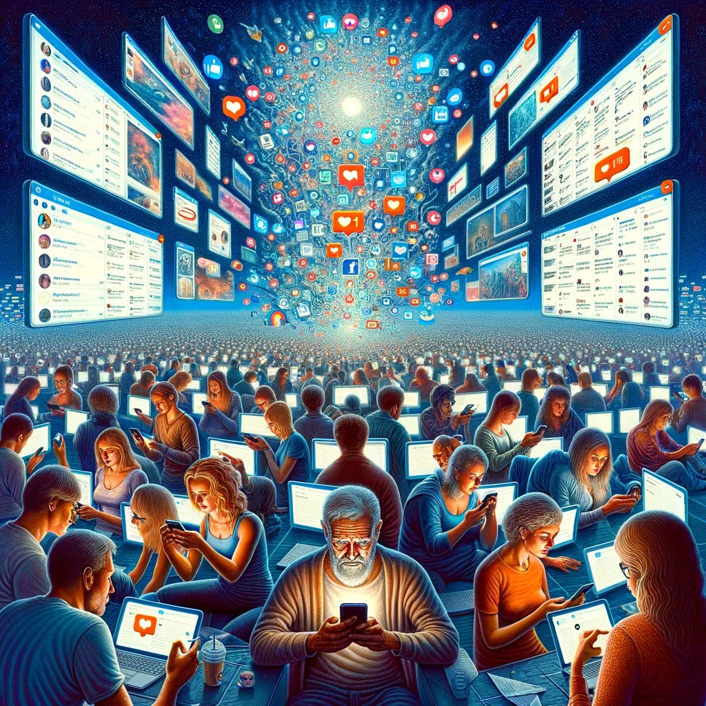 An evocative illustration depicting the concept of 'late stage social media'. The scene is bustling with a multitude of screens displaying an overwhelming array of notifications, likes, and shares, symbolizing the saturation of digital interactions. Individuals are shown engrossed in their devices, some with expressions of joy, others with signs of fatigue and stress, illustrating the dual impact of social media on mental health and societal relationships. The background is a surreal, digital landscape, representing the virtual world where social connections are simultaneously ubiquitous and fragmented. This environment is filled with icons of popular social media platforms, but exaggerated to emphasize their pervasive influence and the clutter of constant connectivity.