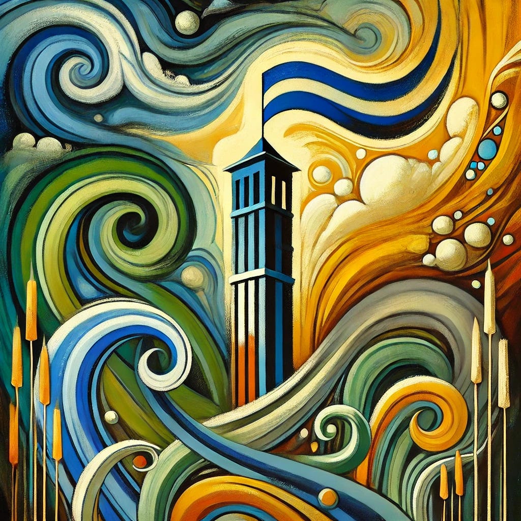 An abstract painting inspired by themes of resilience, democracy, and optimism. The composition features a central, symbolic tower standing firm against swirling, chaotic forces. The color palette includes deep blues, vibrant greens, and earthy browns to convey stability and endurance. Bright yellow and orange accents represent hope and determination. The painting is rendered in a flat, decorative style with lively, visible brushstrokes adding texture. The shapes are simple and bold, creating a sense of balance and unity.