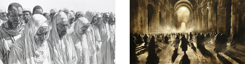 A split image showing two distinct scenes. The left side features a black and white drawing of a group of people, predominantly men, with solemn expressions and wearing traditional robes and head coverings, seemingly in prayer or contemplation. The right side portrays an eerie, monochromatic depiction of ghostly figures in flowing robes moving through a grand, arched hall bathed in ethereal light, creating a haunting and otherworldly atmosphere.