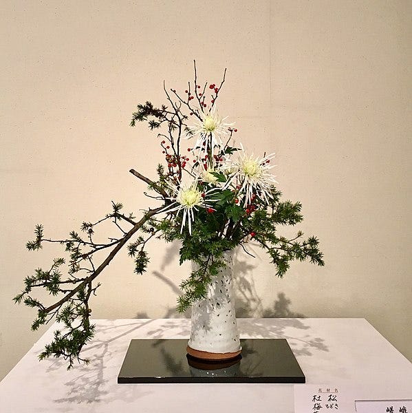 Image of flower arrangement, with title “Elegance in arrangement”