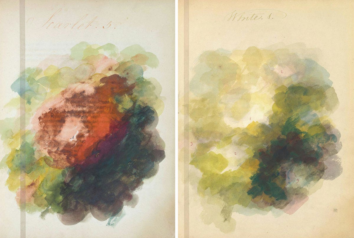 Two pages from an old book with watercolour splotches in a circular shape Two pages from an old book with watercolour splotches in a circular shape