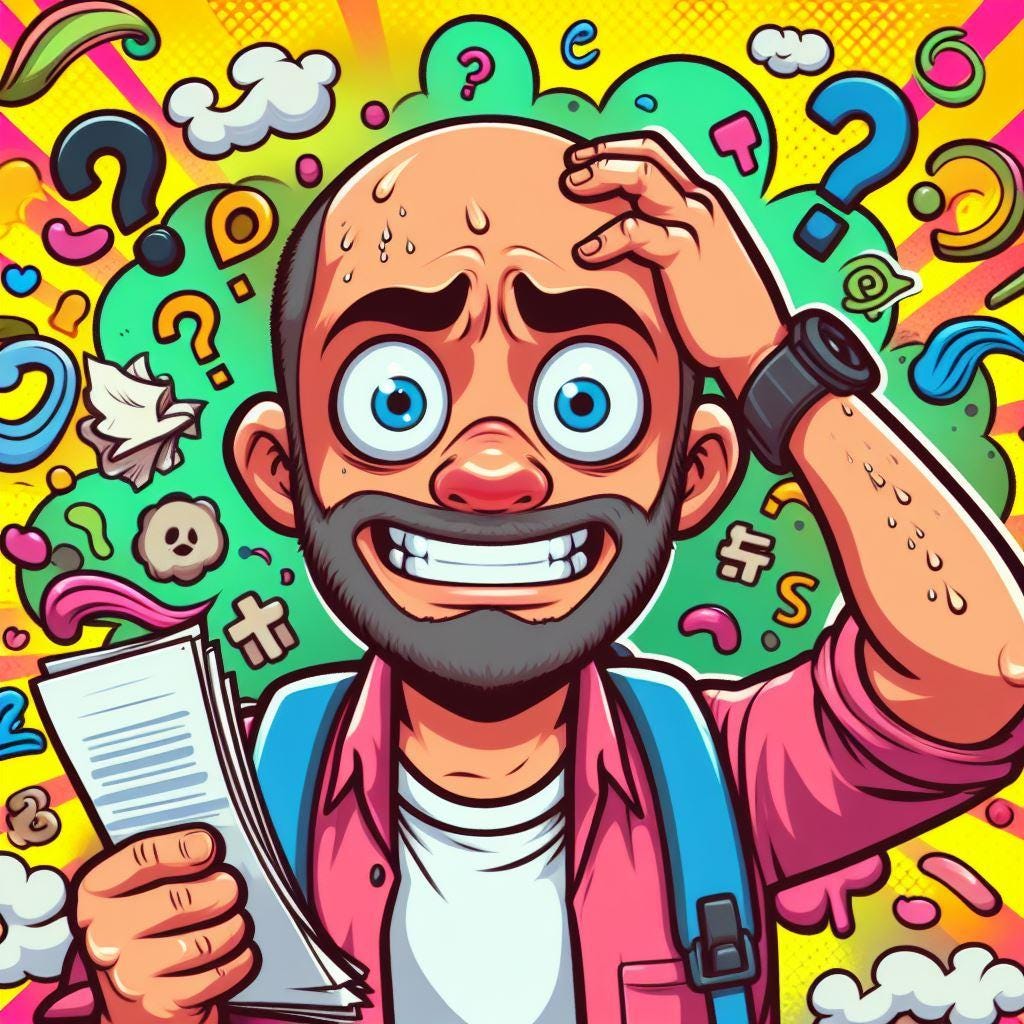 A colorful cartoon of a kinda goofy bald guy with a short beard trying to remember what it was he remembers he forgot
