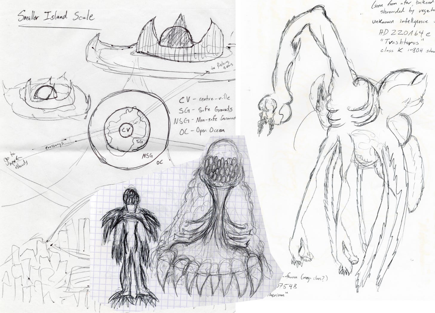 Three sketches. Two different aliens and an alien city map. One alien pair is a slug-like stalker and its humanoid companion. The other alien’s face is an indiscernible collection of sensory organs at the end of an arm-and-elbow sort of neck; its body and limbs are sorta bug-like with a mammalian-esque ribcage. The map is an overview sketch of an island and how the concentric circles of the city divide it.