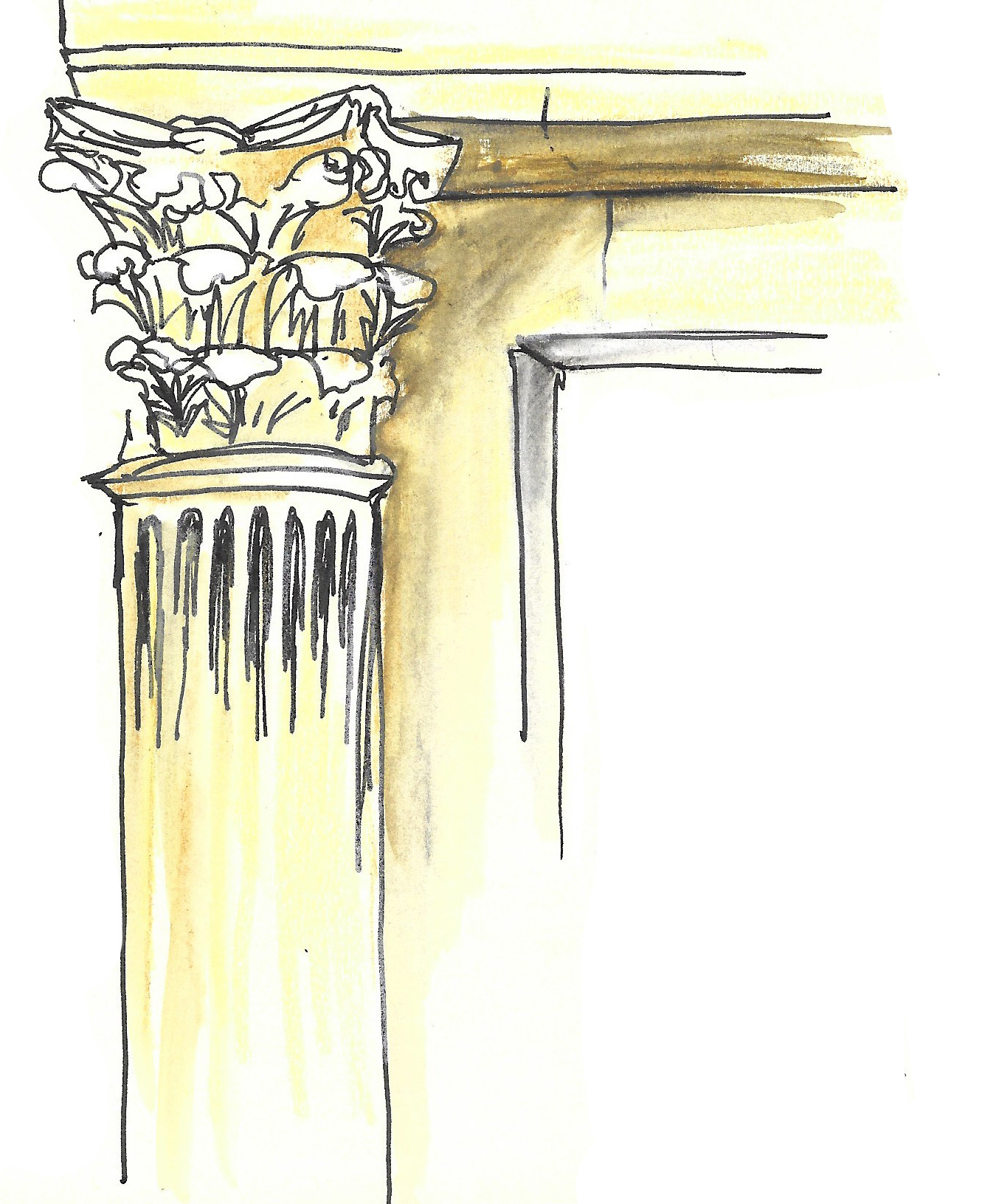 Watercolour and fine liner illustration of a corinthian pillar at the corner of a building in Bath, UK. By Irish artist and storyteller Pamela Kelly. 2023