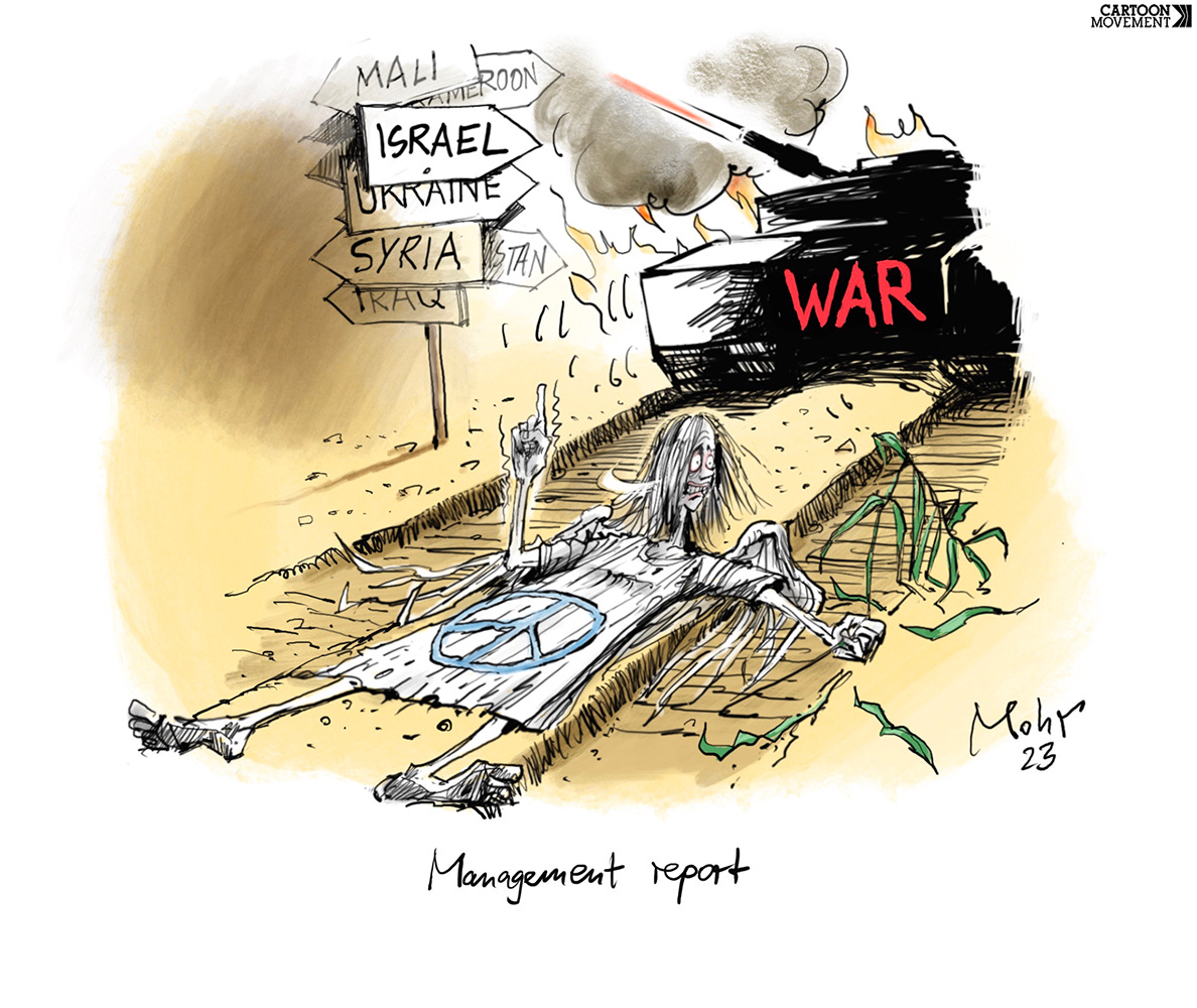 Cartoon showing a person wearing a t-shirt with a peace sign being run over by a tank labeled "war". To the side, we see a sign post pointing to the different recent conflicts in the world: "Ukraine", "Syria", "Iraq" etc. The most recent sign reads "Israel".