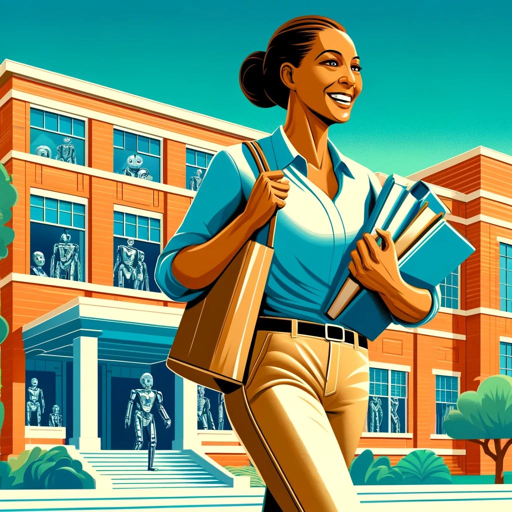 A modern, graphic scene depicting a teacher of color walking away from a traditional brick school building, heading towards summer vacation. The teacher is a middle-aged African American woman, shown in a stylized graphic art style, smiling joyfully with a tote bag filled with books. She wears a light blue blouse and khaki pants. The school has classic brick architecture with more windows, each filled with multiple sleek, minimalist robots peering out. The robots have sharp angles, a chrome finish, and expressive digital eyes. The background features a vibrant blue sky and stylized green foliage