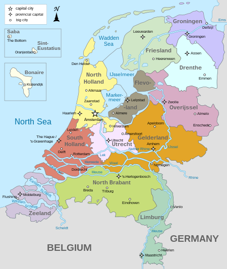 mapa da Holanda com a divisão de doze províncias