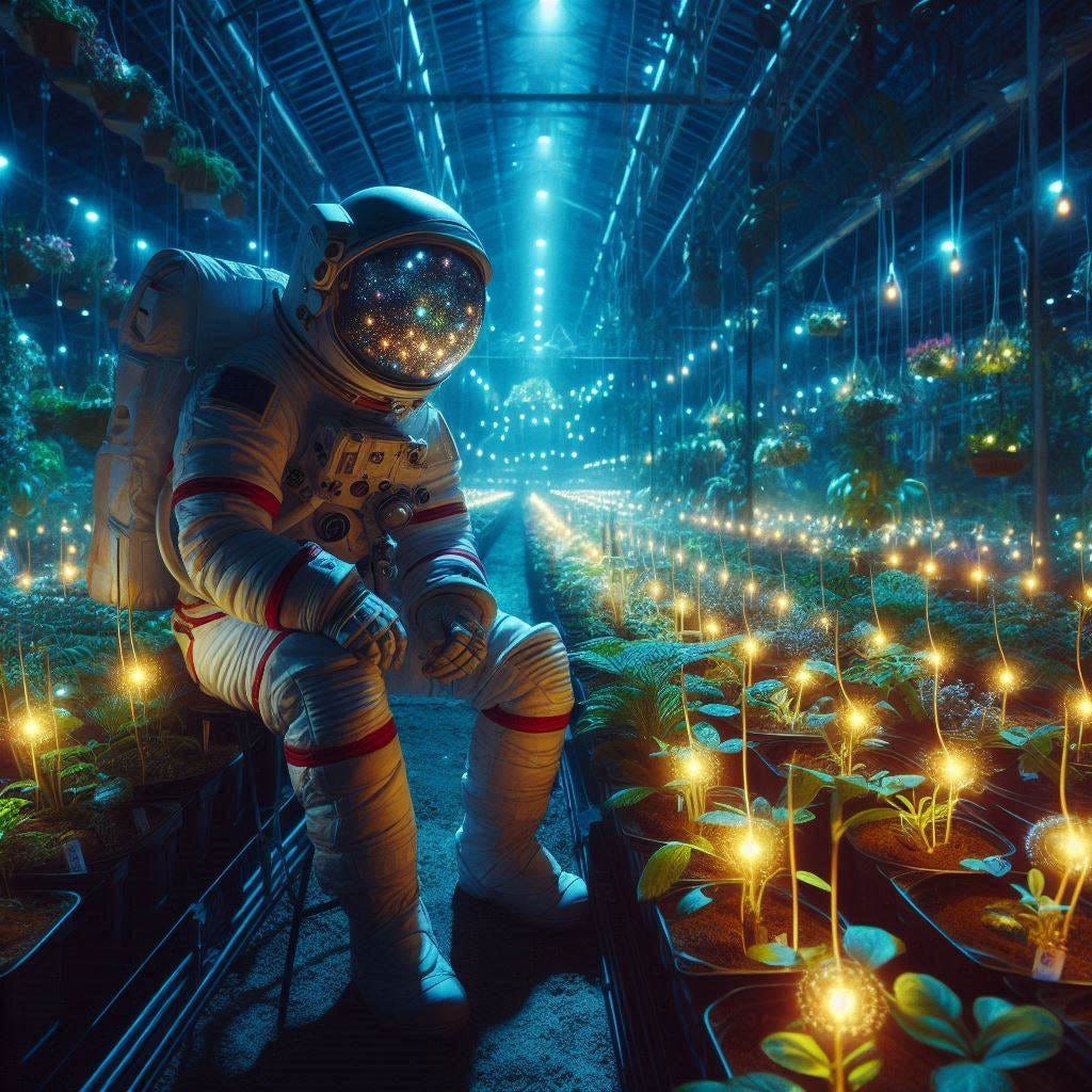 A fully suited astronaut looking after many glowing plants in dark greenhouse 
