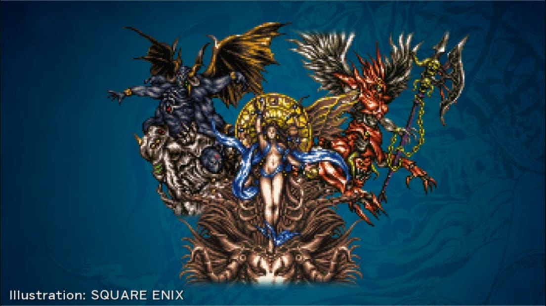 An illustration of the three gods of Final Fantasy VI's Warring Triad, aligned in their triangular equilibrium as statues but revived.