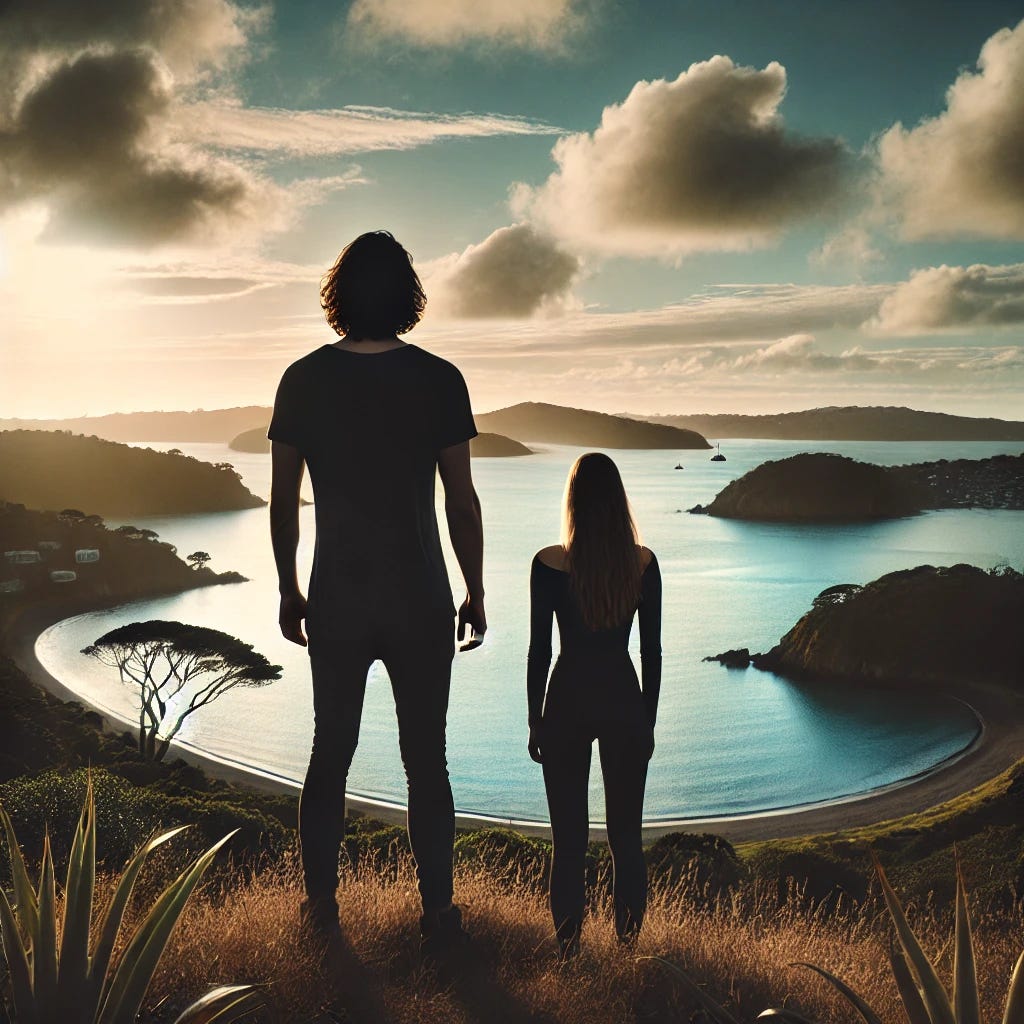Alexandra & Miguel Looking Out Over Rocky Bay On Waiheke Island New Zealand.