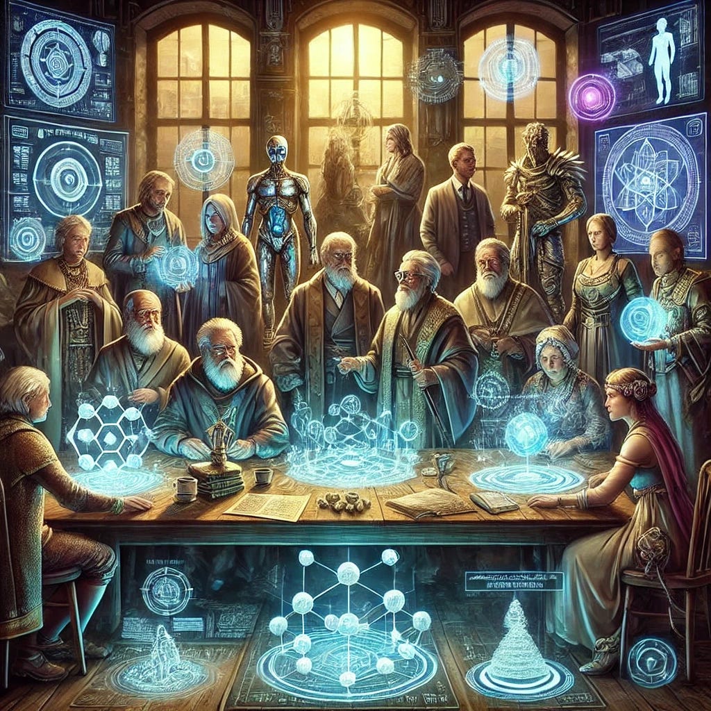 A scholarly depiction of intergenerational cabals, showing various figures from different generations collaborating in secret. The scene includes older and younger figures gathered around a table in a dimly lit room, with charts, ancient manuscripts, and futuristic devices symbolizing the passage of time. Each generation appears to represent different eras—one dressed in traditional attire, another in modern clothing, and a younger one with futuristic elements. Symbols of power such as money, knowledge, and influence are subtly displayed. The atmosphere should be mysterious and intellectual, suitable for a scholarly article.