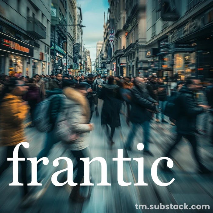 Bustling city street scene depicting the essence of the SAT word 'frantic'.