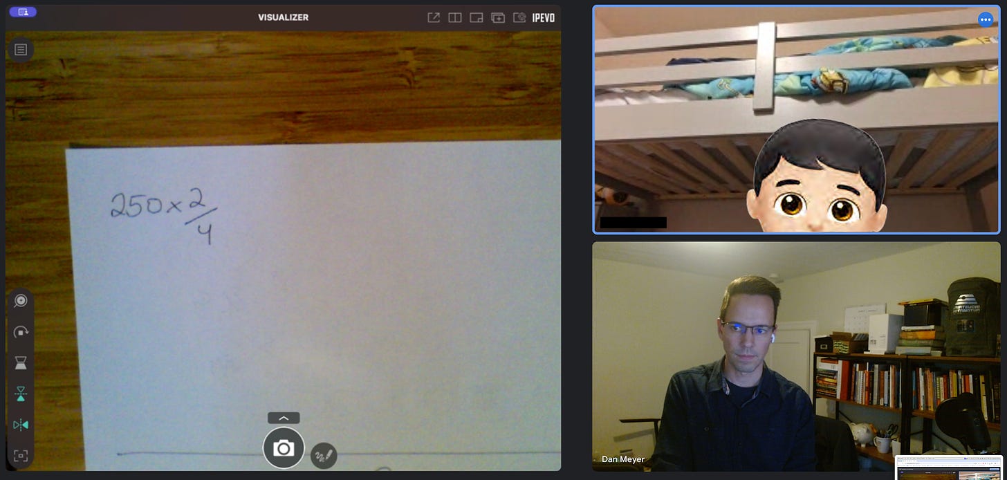 An image of me tutoring a child (face obscured) via Google Meets. A paper is on the table with 250 x 2/4 on it.