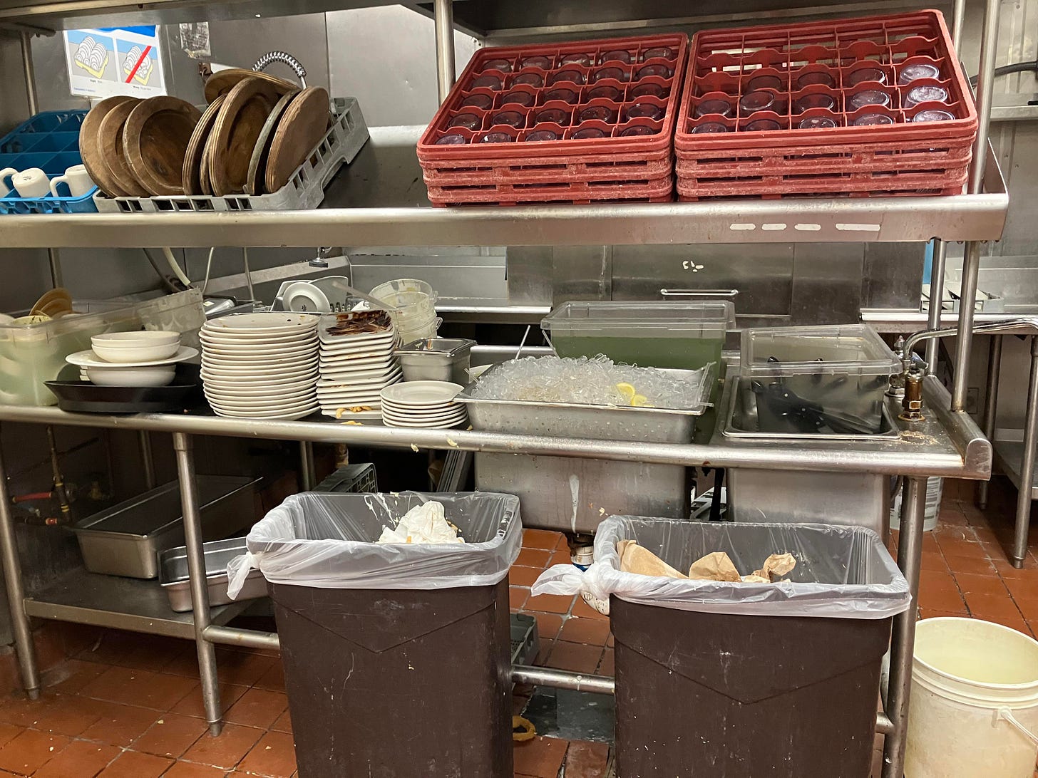 Dirty dishes and garbage piled up in a commercial kitchen