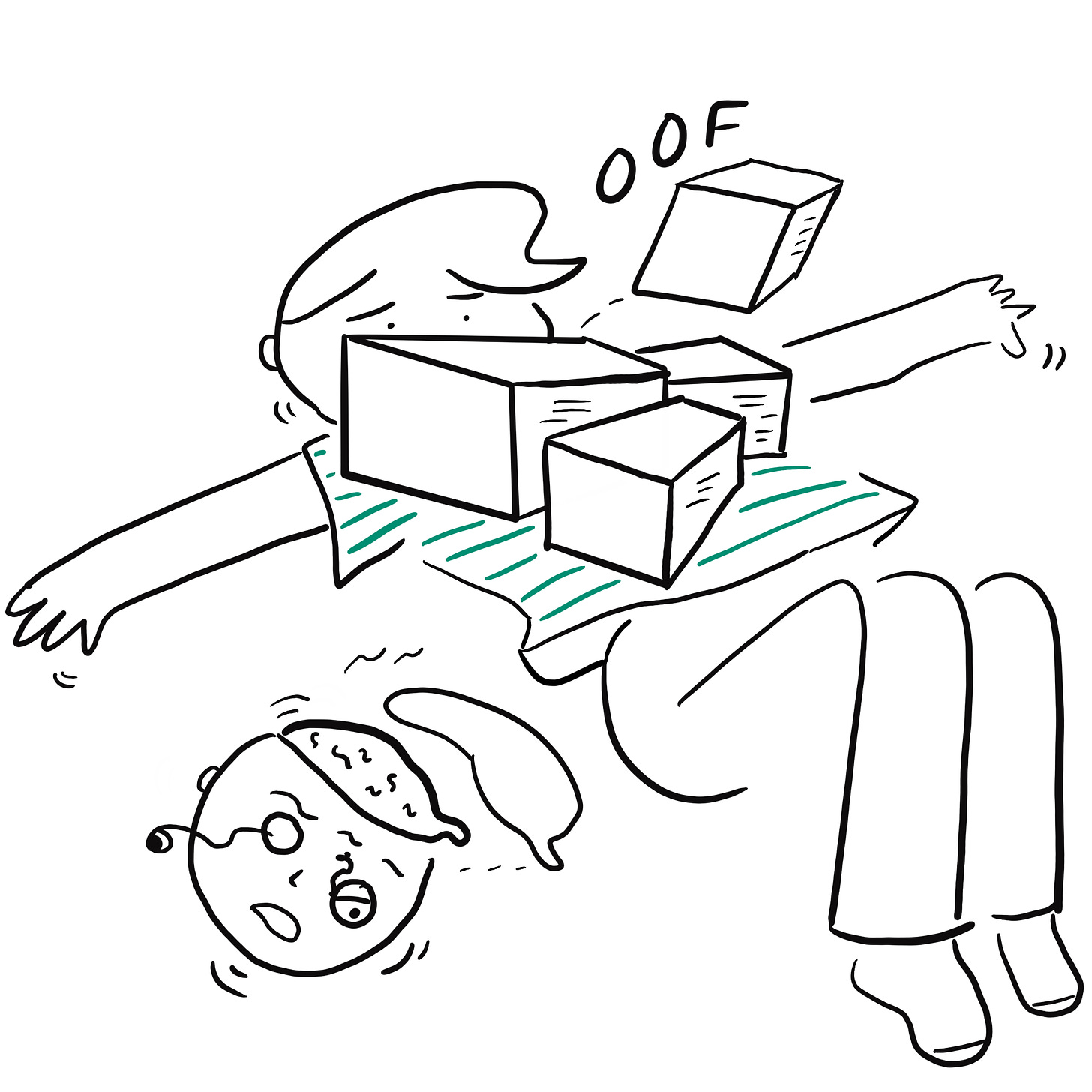 Cartoonist under a pile of boxes saying oof, head exploding with eyeball spronging out