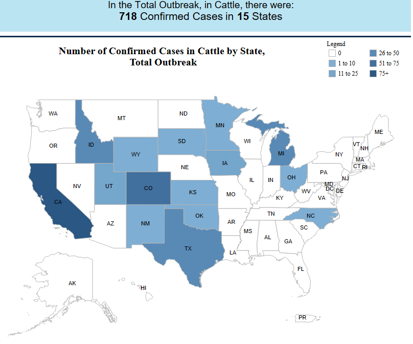 Map of 2024 outbreak of H5N1 in Dairy Cattle