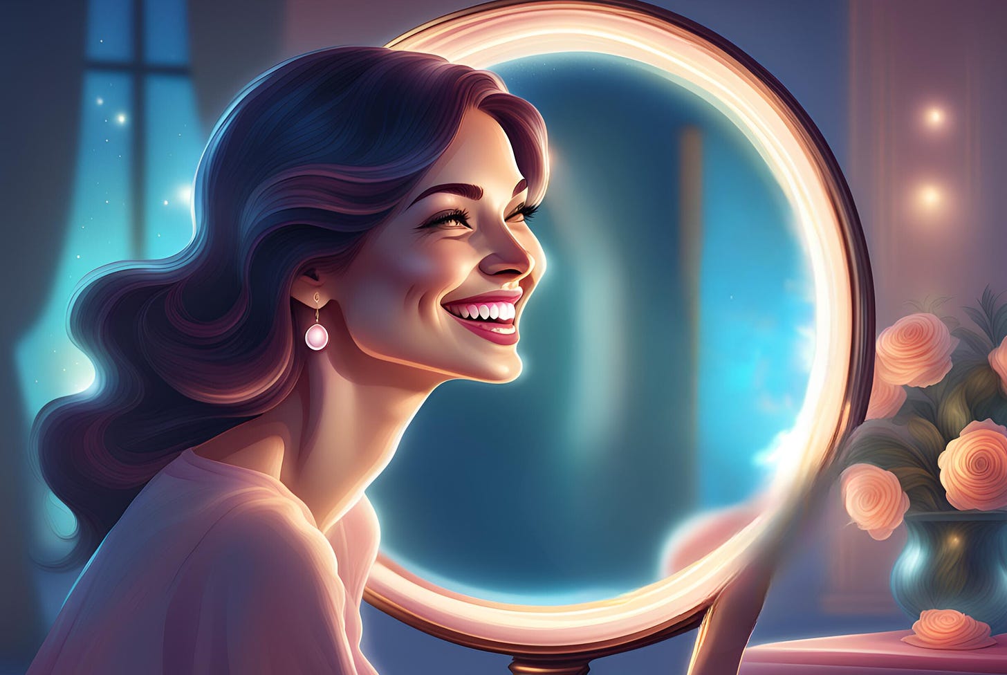 Illustration of a smiling woman sitting next to a round mirror