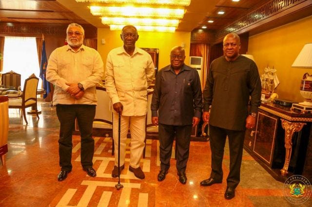 A photo of four current and former presidents of Ghana: Jerry Rawlings, John Kufour, Nana Akufo-Addo, and John Mahama