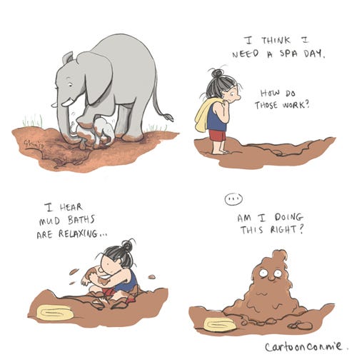sketchbook, illustration, elephants, mud baths, comics, humor, connie sun, cartoonconnie, introverts