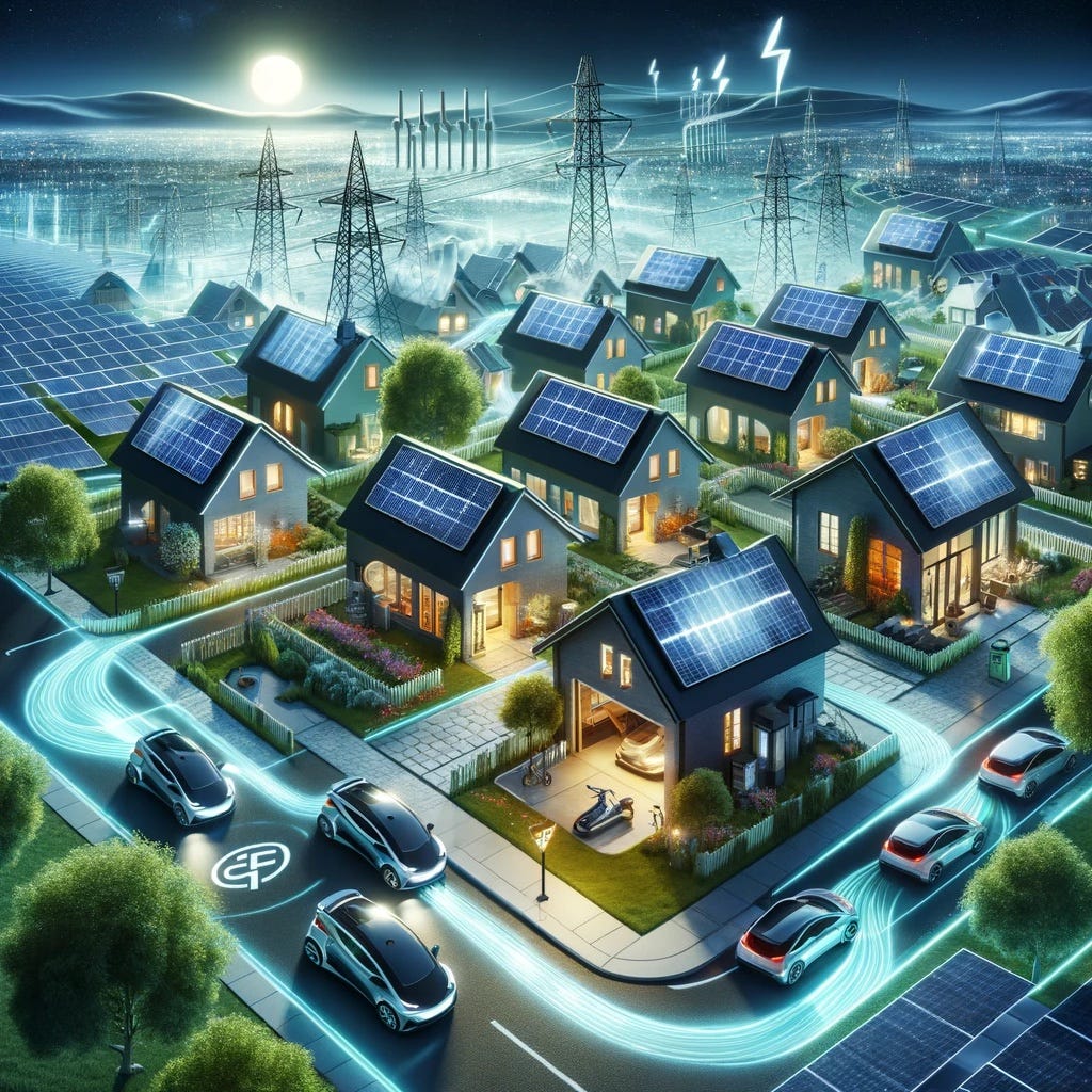 Here's an illustration showcasing a power utility distributing renewable energy to homes equipped with solar panels and electric vehicles in the driveways. It also highlights how these homes feed excess energy back to the power utility, symbolizing a sustainable and harmonious collaboration for a greener future.