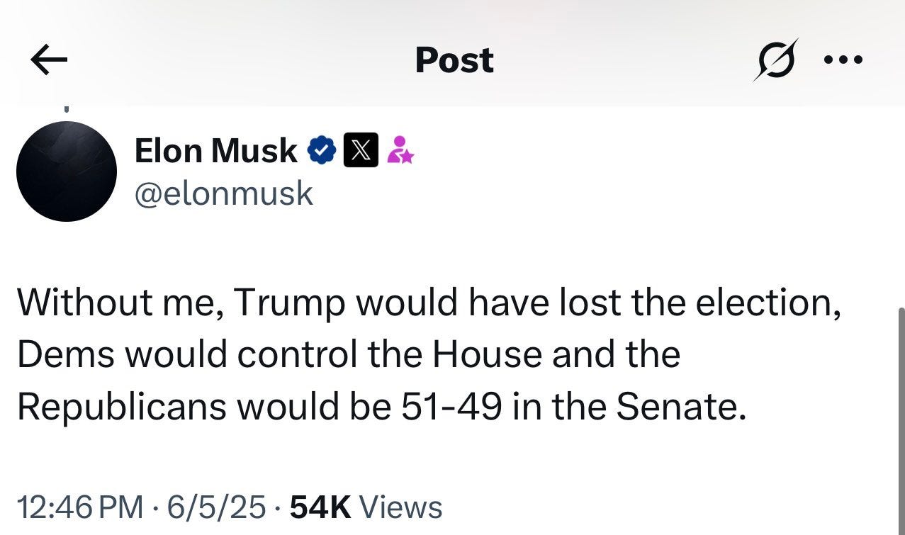 Jennifer Jacobs on X: ""Without me, Trump would have lost the election,"  @elonmusk says. The sparring over the "one big beautiful bill" continues  between Musk, on his social media platform, and Trump,