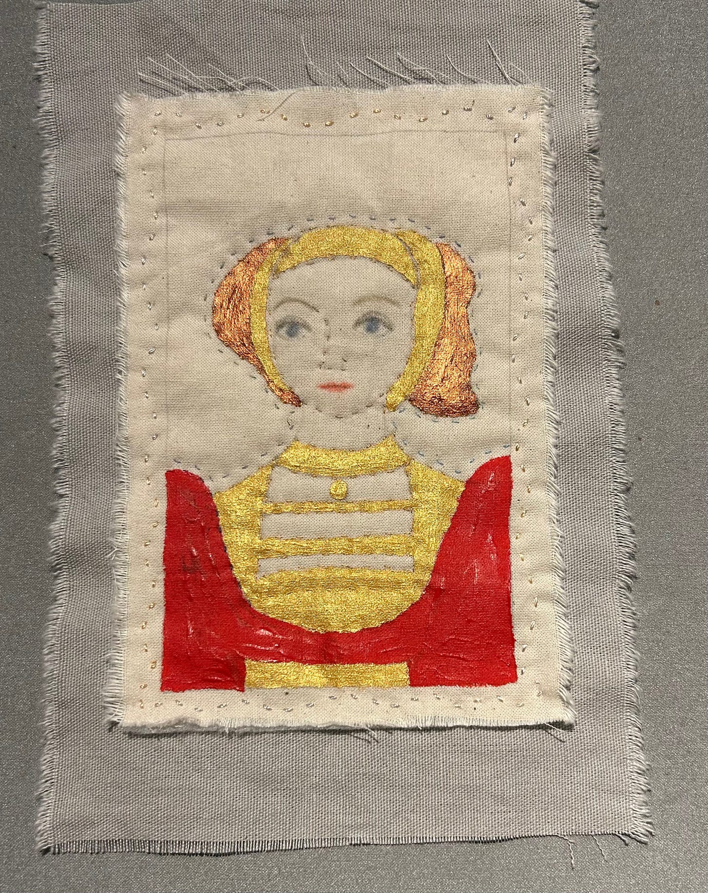 A stitched portrait of Anne of Cleves wearing red and gold, in the style of the court of Cleves.