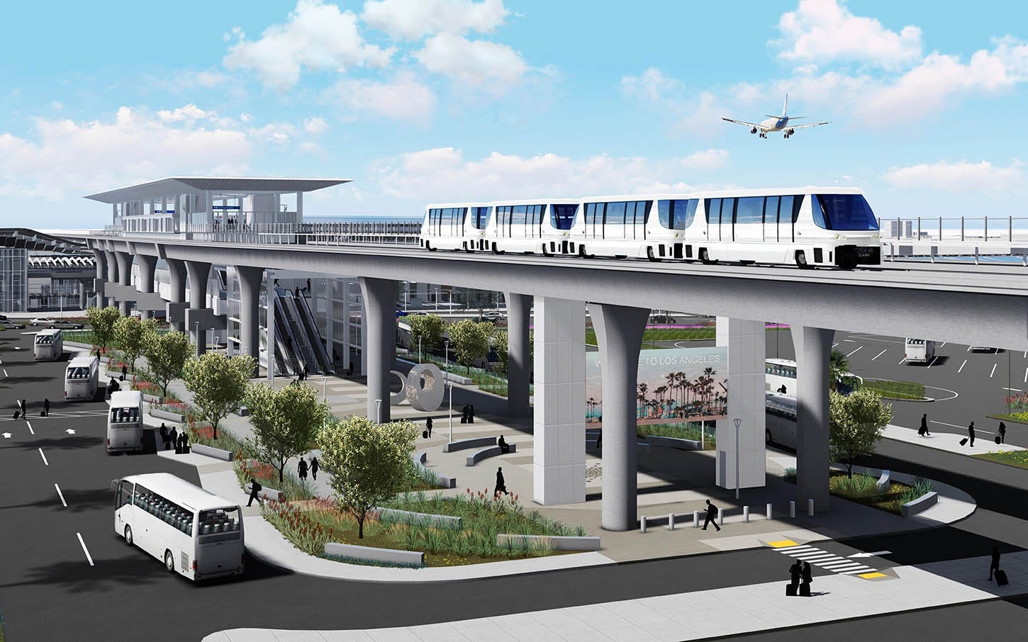 A rendering shows the elevated Automated People Mover at Los Angeles International Airport, which is expected to open in 2025 due to bond delays. SANDAG presented an APM option to connect San Diego International Airport with downtown to some controversy. Courtesy image