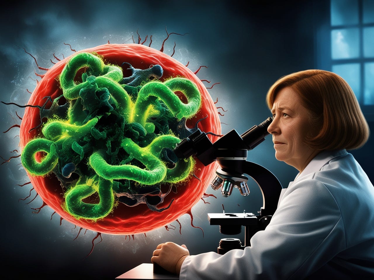 a moody, cinematic photo of a chaotic cellular scene, where vibrant, neon-green toxic genes appear to be hijacking the cell, swirling with an otherworldly glow, threatening to unleash a turbo-charged cancer, set against a dark, misty blue backdrop, evoking a sense of urgency and foreboding, in the background, a middle-aged female scientist, slightly plump, with a warm, brown bob haircut, peering intently through a microscope, her facial features a picture of concern, with a prominent nose, gentle wrinkles, and a subtle, golden glow on her skin, as if lit by the soft, clinical lighting of the laboratory, the overall mood is ominous, yet mesmerizing, capturing the intensity of the scientific battle against the forces of disease.