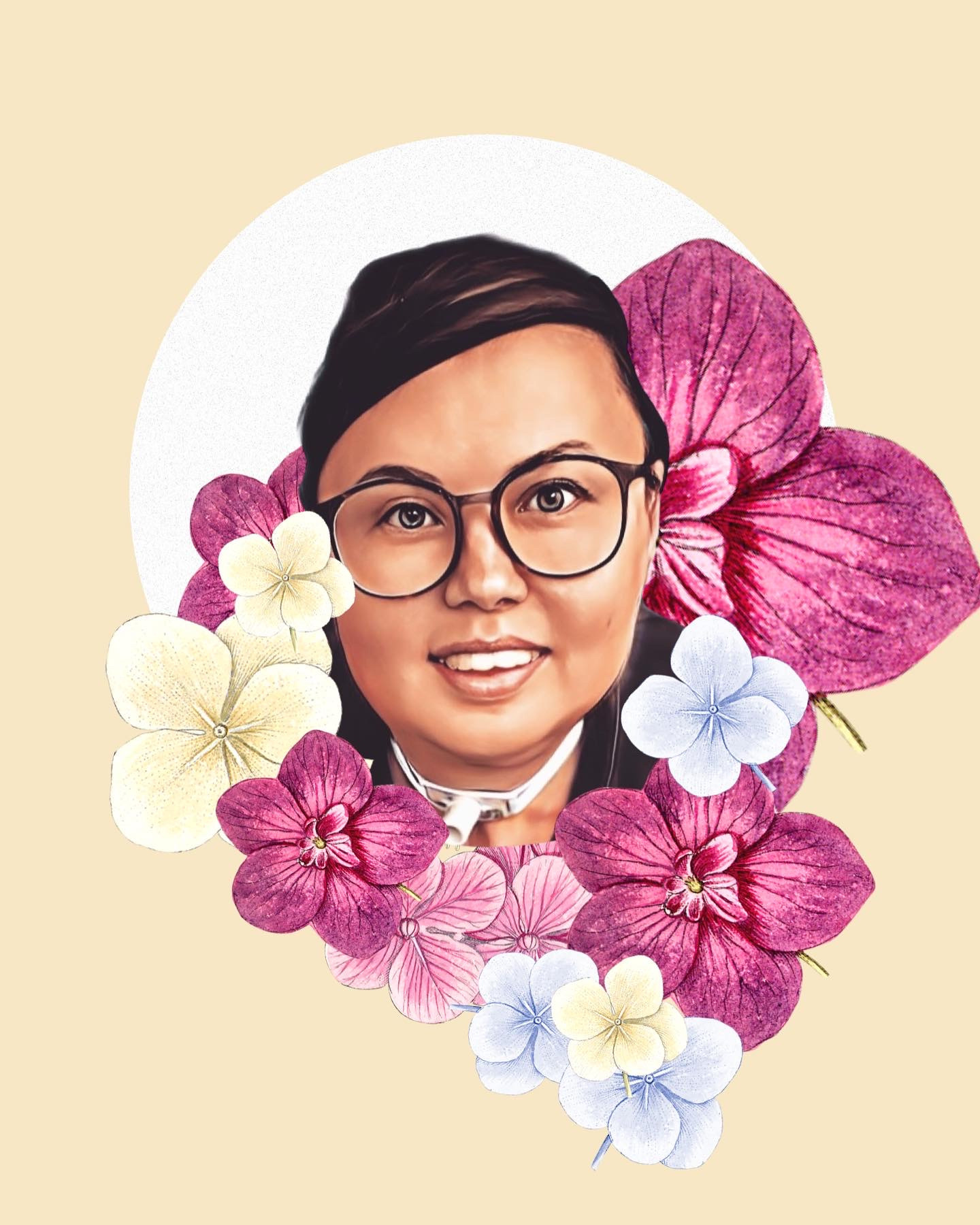 image of Stacey Park Milbern, mixed Korean and white short brown haired femme with glasses, smiling, her trach is visible, surrounded by pink and white orchids.