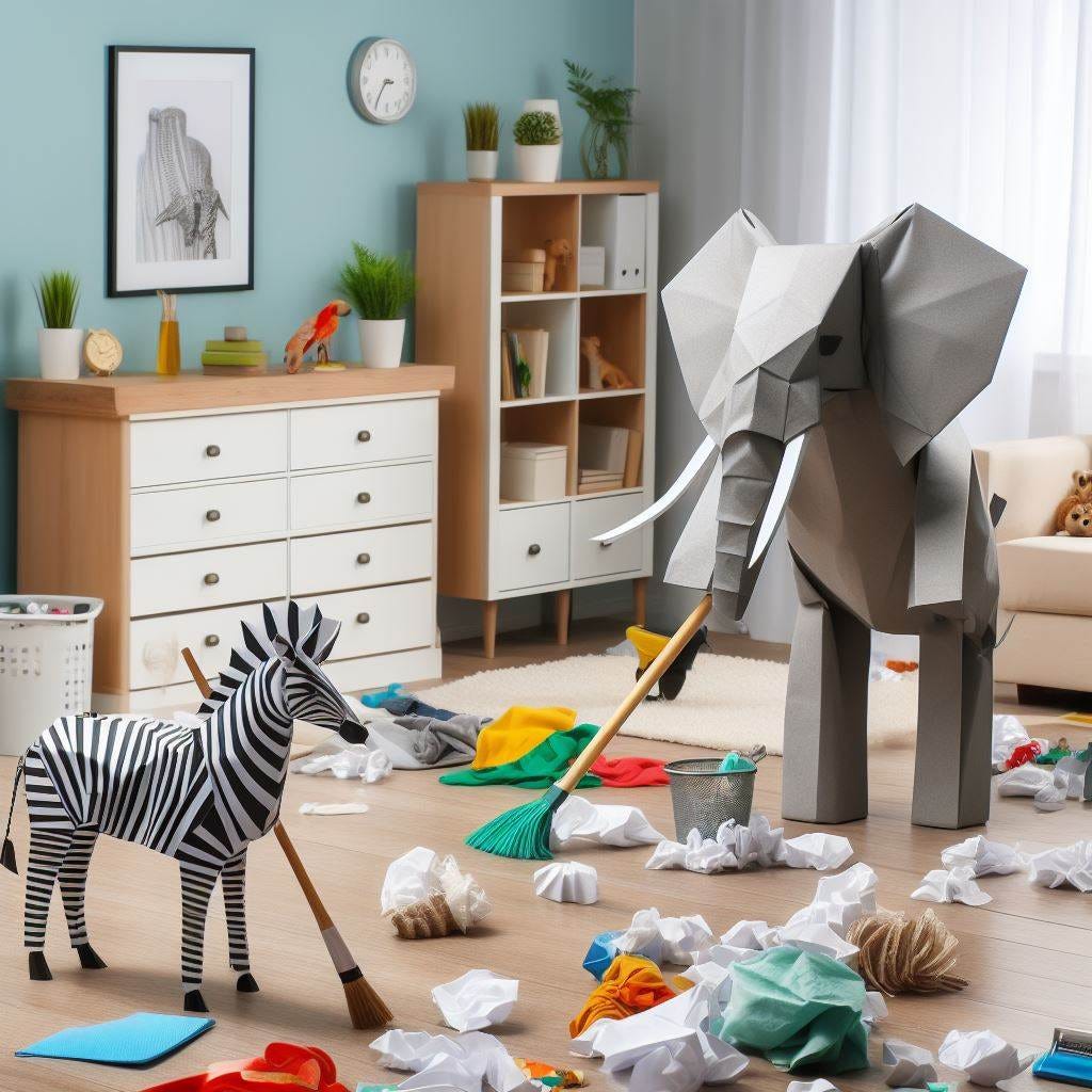 a messy room being cleaned by a zebra and an elephant made of origami