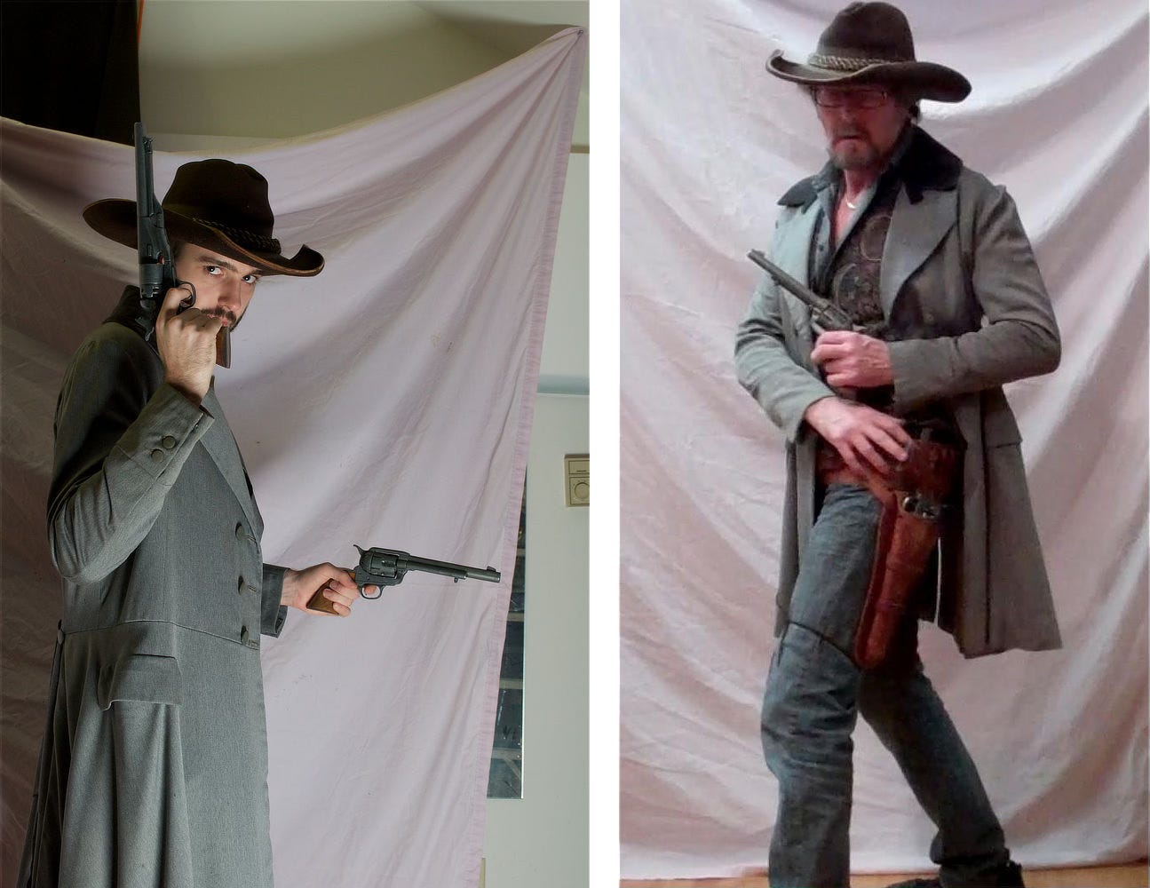 LEFT: Adrian in cowboy hat and long gray coat holds two revolvers with fingers on the triggers. The pistol in his right hand is pointed up as he glances toward the camera. RIGHT: In cowboy hat and long gray coat, Michael holds a pistol while he reaches across to his holders for other.