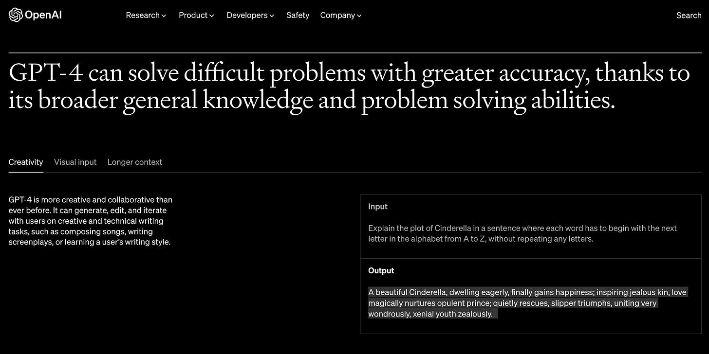 Screenshot of the GPT4 homepage which describes how GPT-4 can solve difficult problems with greater accuracy