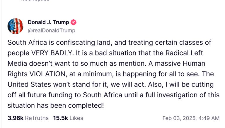 ‘South Africa is confiscating land; treating people very badly’: Donald Trump announces halt on funding