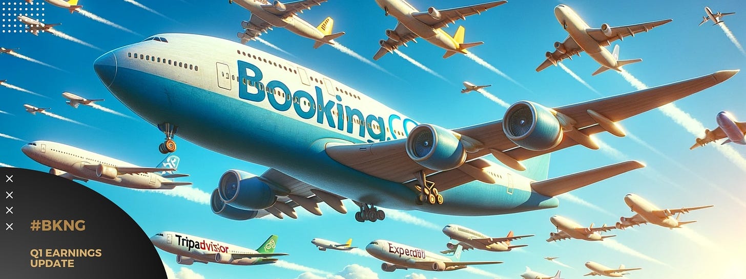 a large booking.com plane in the sky with smaller planes branded with TripAdvisor, Expedia, and Airbnb logos. The concept art style captures the expansive and clear sky, conveying a sense of travel and connectivity among these major travel companies. 