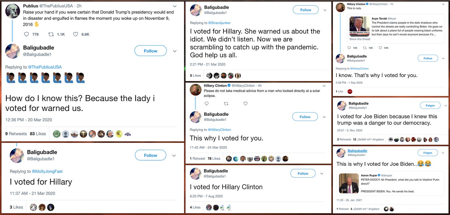 collage of @Baligubadle1 tweets claiming to have voted for Hillary Clinton and Joe Biden