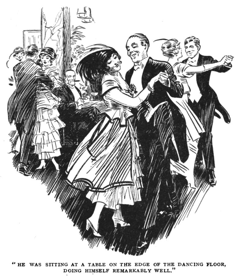 Couples in fancy dress dancing while Jeeves sits in the background smoking a cigar. The caption reads, ""He was sitting at a table on the edge of the dancing floor, doing himself remarkably well.""