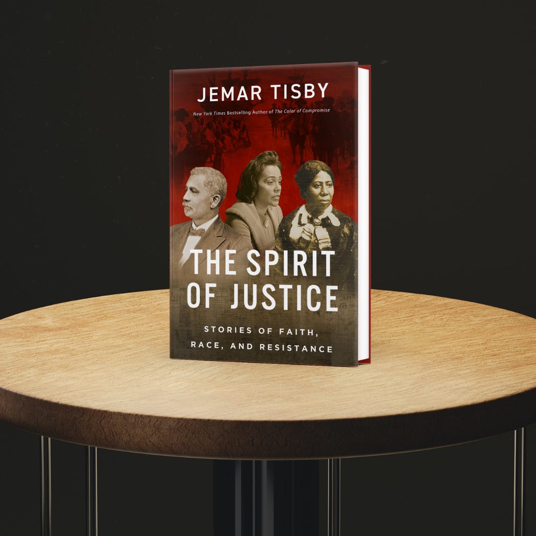Spirit of Justice hardcover book on round tabletop with black background