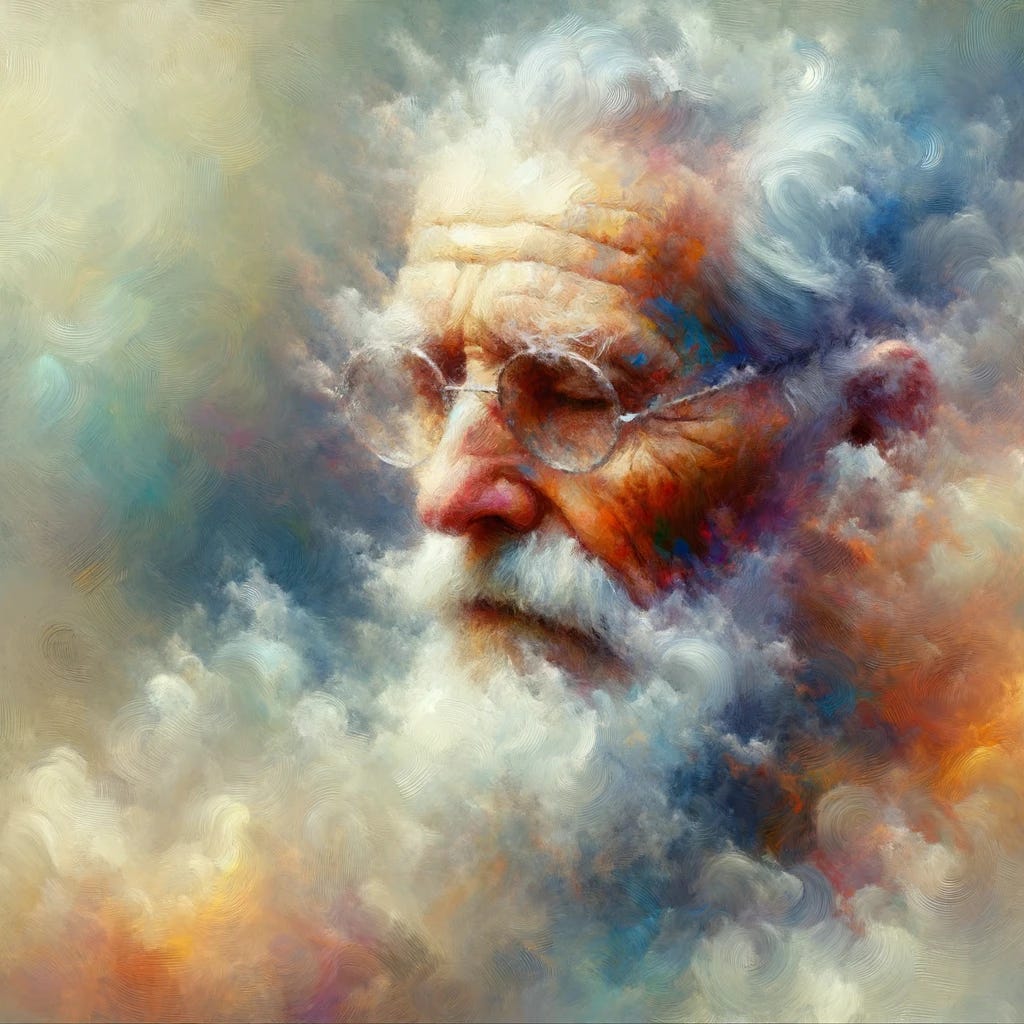 Impressionist painting of an older individual, captured with soft brush strokes and vivid colors. As the canvas progresses, the figure's form starts to dissolve, turning into delicate swirls of smoke, blending seamlessly with a hazy backdrop.