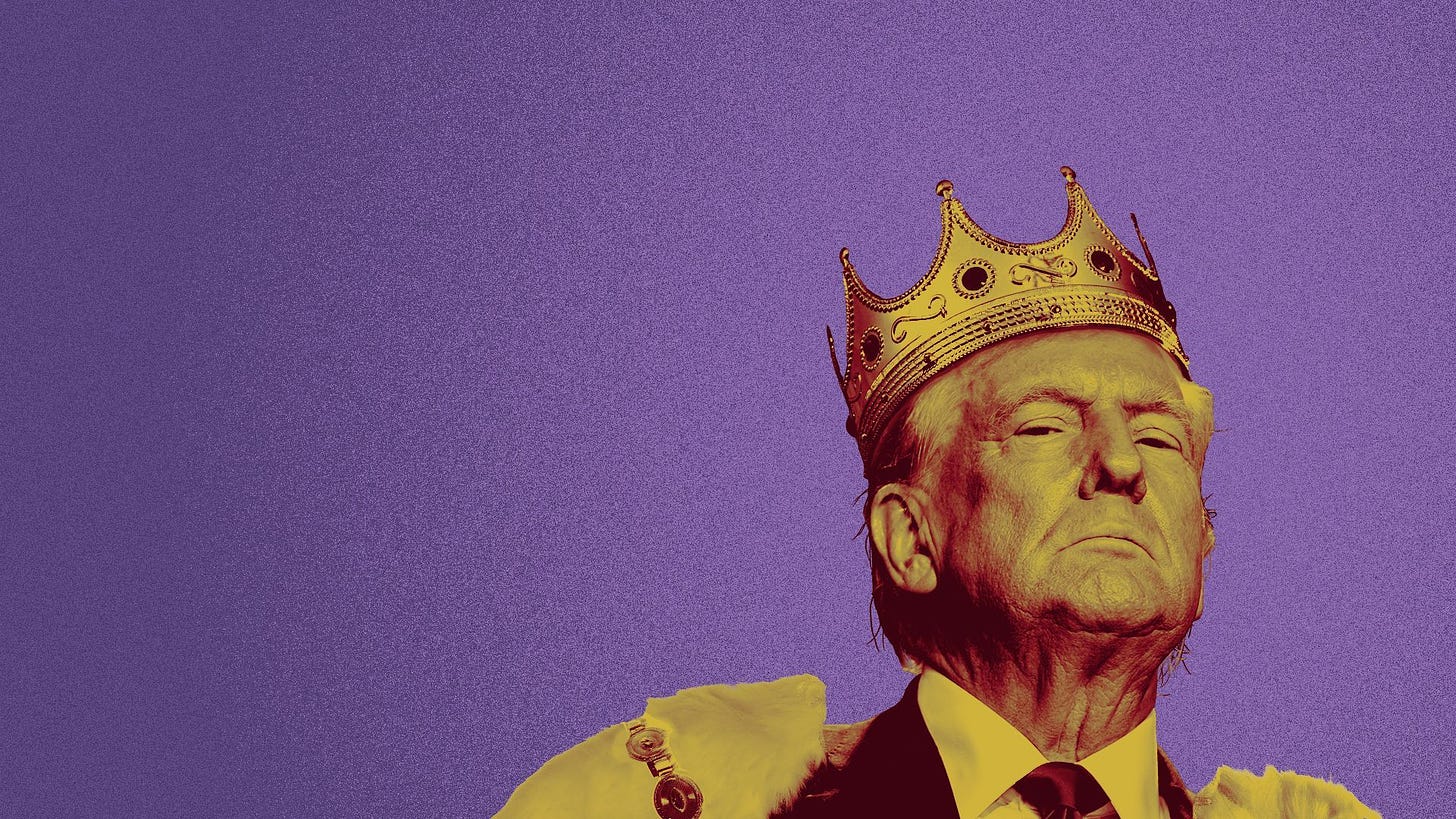 Photo illustration of Donald Trump wearing a crown and fur cape.