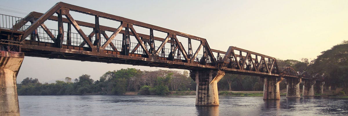 Steel and ferro-concrete bridge built over the river Kwai by forced labour during world war 2