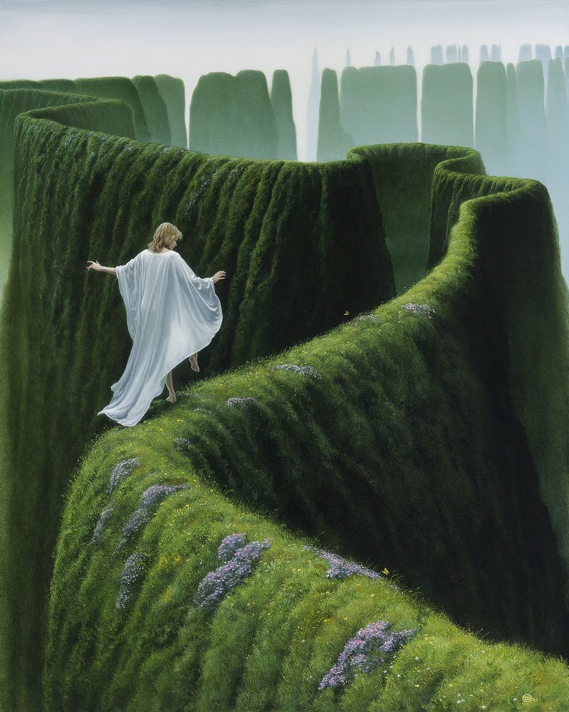 A woman in a white linen shawl dances carefree along a high grassy ridge that bends and twists into the hazy distance. She glances not at the narrow footing ahead but off to the side. Her arms are out for balance while her eyes are pressed shut as if she's lost in thought. Far ahead along the upper edge of the painting breaks are visible along the ridge. Vertical segments stand like the legs of a broken bridge with gray sky showing through as the wall-like rim meanders to the edge of the painting and back. Shorter impassable segments come more frequently as the trail winds back into nothingness. The woman sees none of it as she daintily high steps in the foreground. Low clusters of wildflowers sit lilac on the verdant green grass as the occasional butterfly hovers nearby.