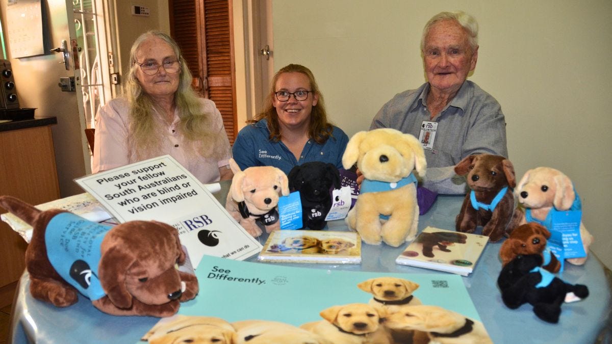 Three people sit at a table with RSB guide dog toys, calendars and other fundraising items.