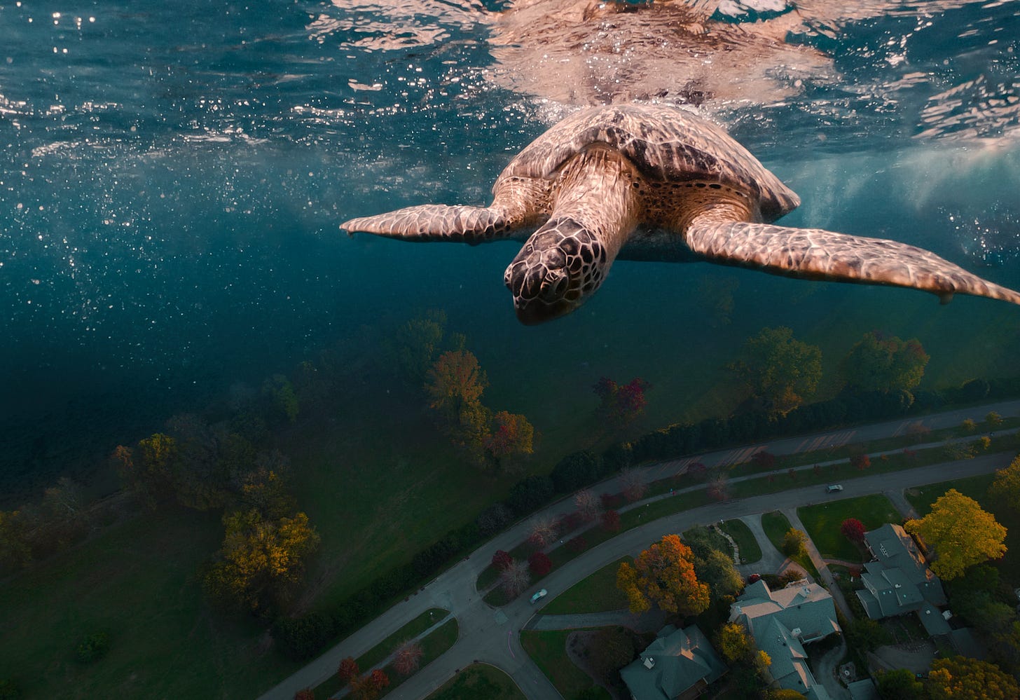 Turtle diving beneath deep blue waves toward an aerial view of trees, a road, and housetops.