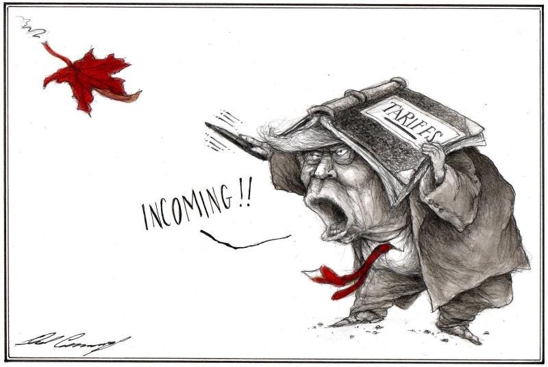 Trump takes cover under tariff book from Canadian maple leaf.