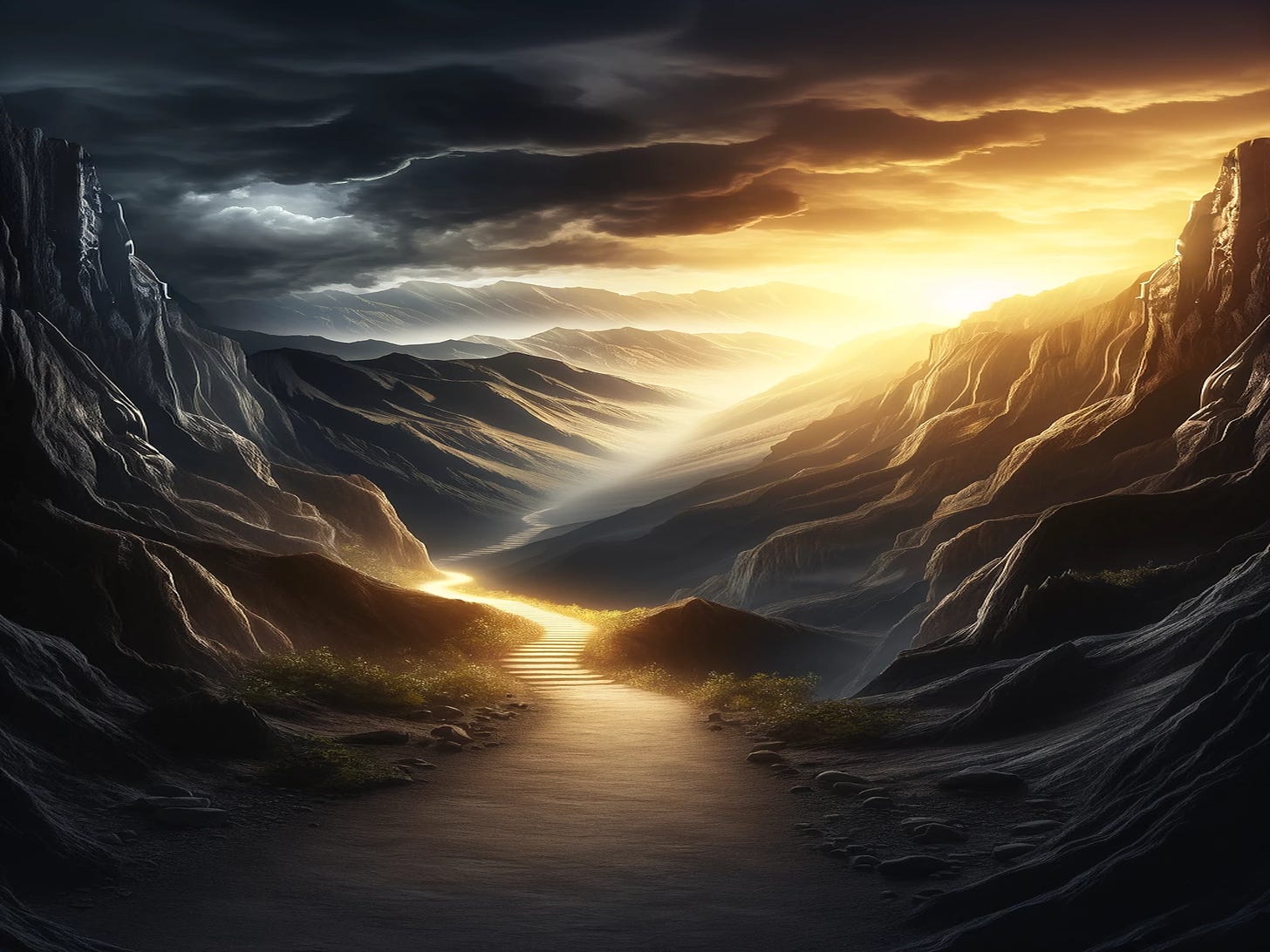 A dramatic digital landscape depicting a sunlit path winding through towering, shadowy cliffs with ominous clouds overhead, highlighting the contrast between the illuminated and darkened aspects of the terrain.