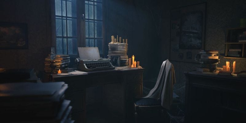 A screenshot of the writer's cluttered desk within the lighthouse in the layers of fear remake. Clusters of lit candles are scattered throughout the room