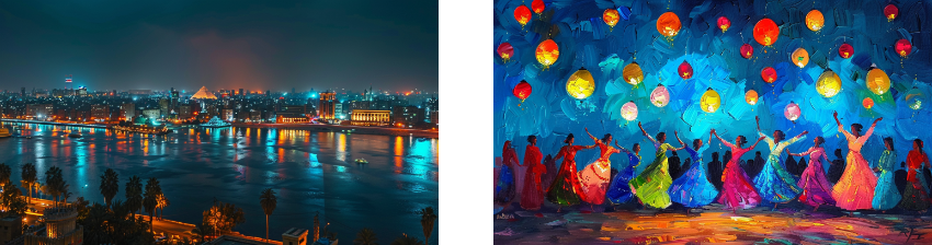 A nighttime cityscape with illuminated buildings and their reflections in the river on the left; on the right, a colorful painting of dancers in vibrant dresses under floating lanterns.