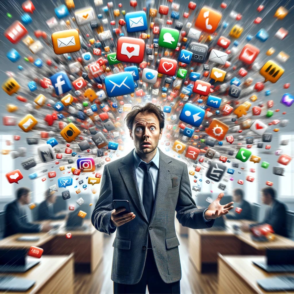 An image depicting a busy professional surrounded by a swarm of smartphone notifications. The scene takes place in an office environment, with the professional standing in the center, looking overwhelmed and frazzled. Their attire suggests they are well-dressed in business casual, with a blazer and trousers. Around them, visually striking and colorful notification icons (emails, messages, social media, and calendar alerts) swirl in the air like a chaotic storm. Their expression is one of exasperation and surprise, as they attempt to juggle responding to multiple notifications on their smartphone, which they hold out in front of them. The background is blurred to emphasize the focus on the individual and the overwhelming number of notifications.