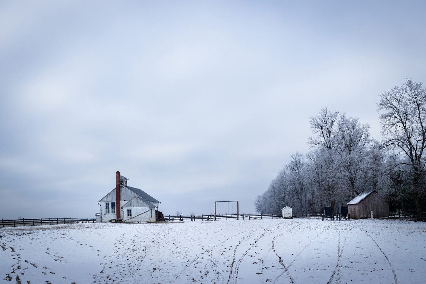 An Amish Schoolhouse in the Snow, used for their 8 grades of education