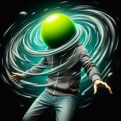 A man wears jeans and a gray hoodie. The man does not have a head but instead has a basic bright neon green sphere in its place. The man is disoriented, caught in the center of a swirling vortex, chaos reigning as time distorts and twists around him. The image conveys the concepts of awe and bewilderment.